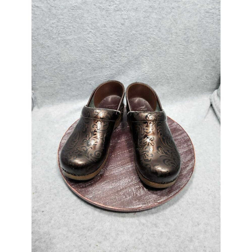 Dansko Womens Brown Leather Clogs With Embossed Floral Design - Size 39